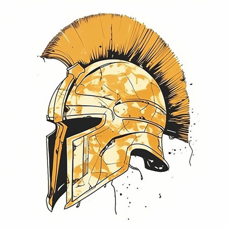 this image displays a golden spartan helmet set on a white background. the helmet has intricate lines that are prominently featured. ai generatedの素材