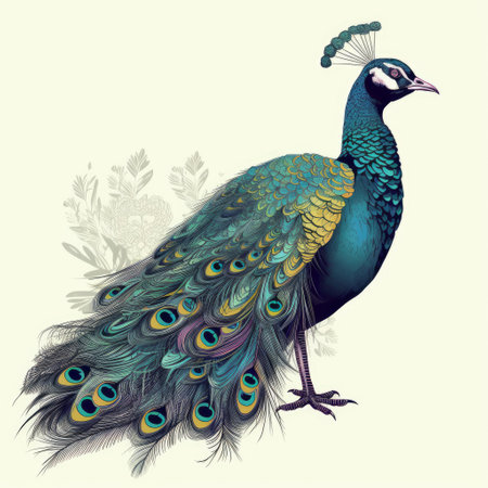 this illustrative artwork showcases a stunning and vibrant image of a peacock in a flat style, with its whole body depicted in all of its natural glory. ai generatedの素材