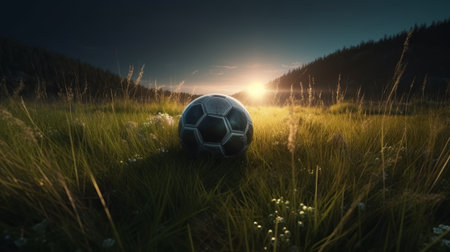 Soccer ball on the meadow at sunset. 3d renderの素材