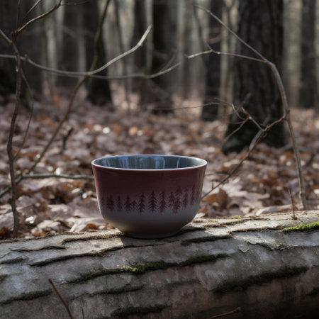 Empty bowl on a log in the forest. Selective focus.の素材