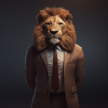 Lion in a suit and tie on a dark background. Studio shot.の素材