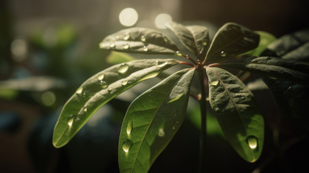Water drops on the leaves of a plant in the morning light.の素材
