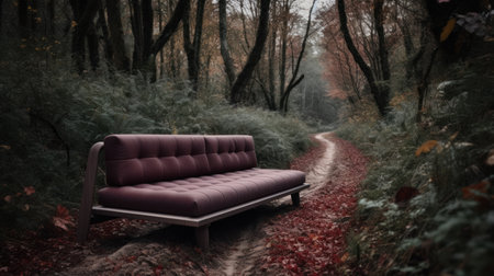 Sofa in the autumn forest. 3d illustration. Autumn landscape.の素材