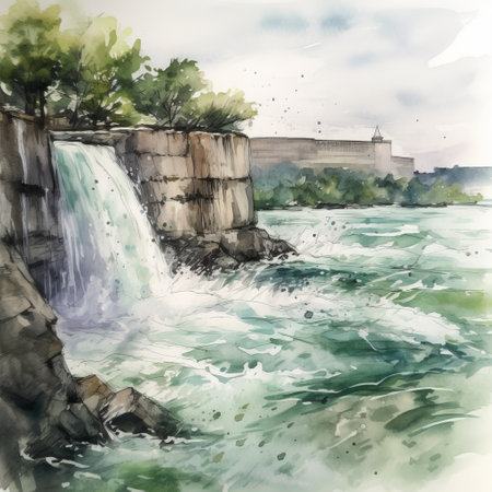 Watercolor painting of the Schaffhausen waterfall in Switzerland.の素材