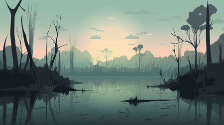 Silhouette of the swamp in the morning. Vector illustration.の素材