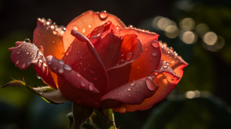 Beautiful red rose with drops of dew on the petalsの素材