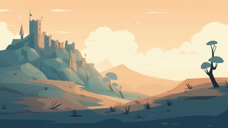 this illustration features a simple background with a medieval style ground and sky, all presented in a vector flat style. the design provides a unique and modern twist on a classic theme., ai generatedの素材
