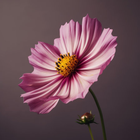 this photo showcases a gorgeous cosmos flower captured in a studio photoshoot. the flower boasts a curved thin stem and elegant petals, beautifully captured with high detail and artistic style. the image is presented in stunning 8k resolution, allowing the viewer to appreciate every subtle nuance of the flower's beauty., ai generatedの素材