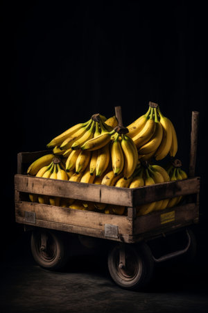 Bunch of bananas in a wooden cart on a black background.の素材