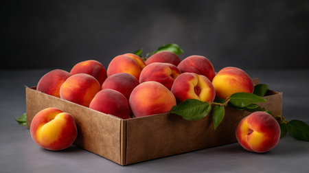 Fresh ripe peaches in a wooden box on a dark background.の素材