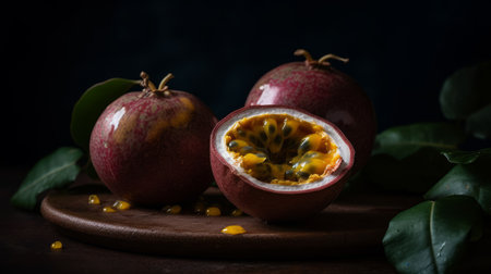 Passion fruit on a black background. Passion fruit is a tropical fruit.の素材