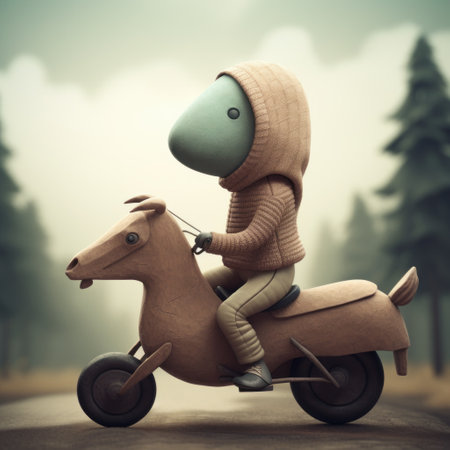 Horse riding on a scooter in the foggy forest.の素材
