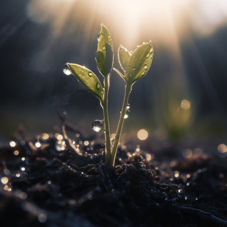 Green seedling illustrating concept of new life in early stage of lifeの素材