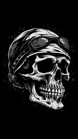 Skull in motorcycle helmet. Hand drawn vector illustration on black backgroundの素材
