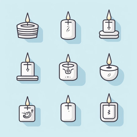 this set includes a collection of unscented candles and a series of simple linear web icons. the candles come in different sizes and shapes, and the icons are editable vector strokes that are 96x96 pixel perfect., ai generatedの素材