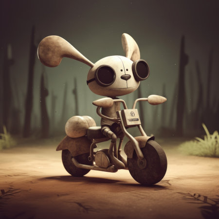 Vintage style image of a cute robot riding a motorbike.の素材