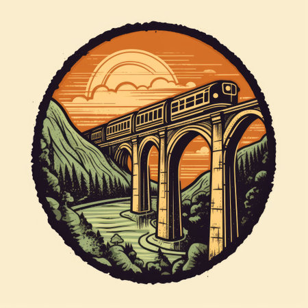 Train on the bridge in the mountains. Vector illustration in vintage style.の素材