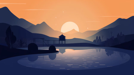 Illustration of a lake in the mountains at sunset. Vector illustrationの素材