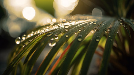 this breathtaking photograph captures the beauty of a single drop of water on a palm tree's frond, glistening in the golden light of the sun. the sharp, hard-rim lighting technique used in this photo adds an element of drama and intensity to the already stunning image., ai generatedの素材