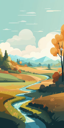 Autumn landscape with river. Vector illustration in flat cartoon style.の素材