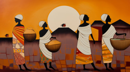 Illustration of a group of people carrying baskets to the temple.の素材