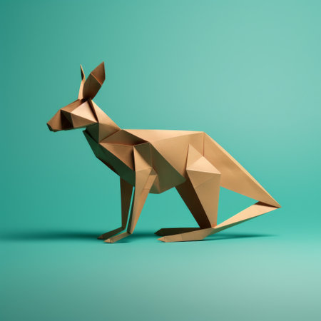 Origami kangaroo isolated on blue background. 3d renderの素材