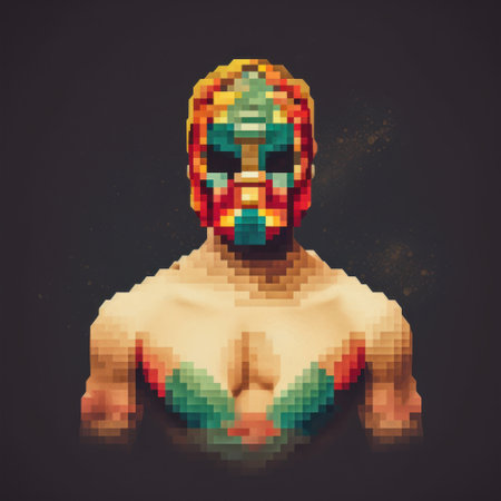 Cyborg head in pixelated style. Vector illustration on dark background.の素材