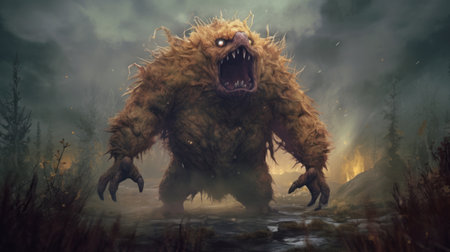 3D rendering of a scary monster running in the wild forest.の素材