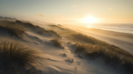 Sunrise over the sand dunes at the North Sea in Germanyの素材