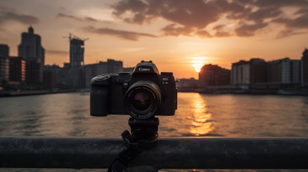 Digital camera on the background of a beautiful sunset over the city.の素材