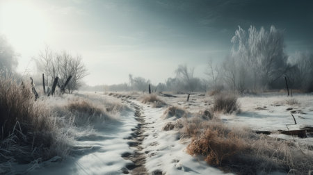 Foggy winter landscape with a path in the meadow.の素材