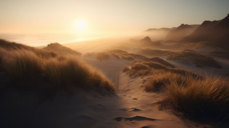 Sunset over the sand dunes on the beach in New Zealandの素材