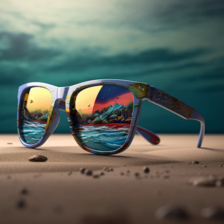 Sunglasses with reflection of the sun in the sea on a sandy beachの素材