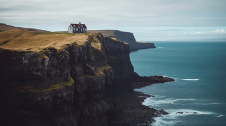 Aerial view of a house on a cliff, Scotland, UKの素材