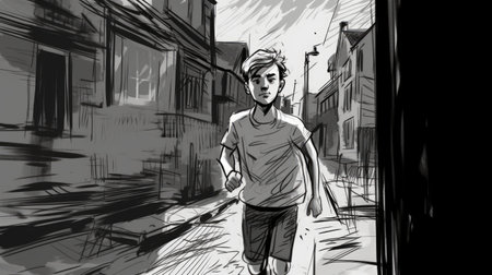 Sketch of a young man jogging in the city streetの素材