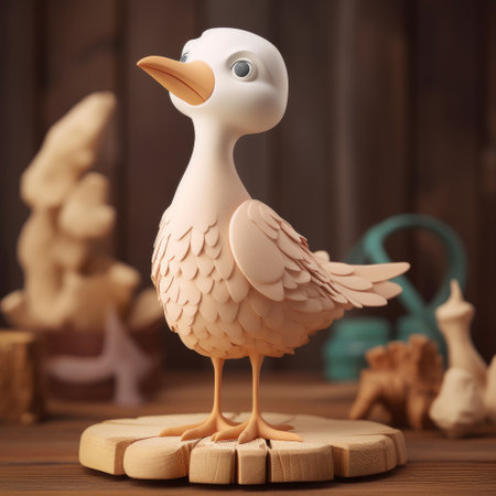 Wooden figurine of a seagull on a wooden backgroundの素材