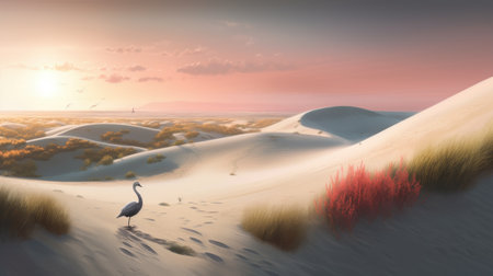 Sand dunes and a bird at sunset. 3d render.の素材