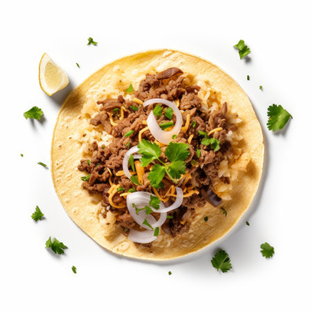 Traditional mexican tacos with beef on white background, top viewの素材