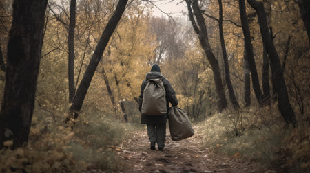 A man with a backpack walks through the autumn forest. The concept of travel and tourism.の素材