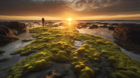 3d render of a man standing on the beach at sunset.の素材