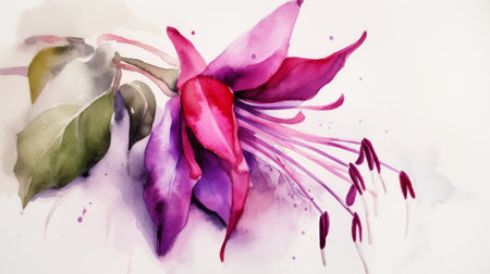 Watercolor painting of a fuchsia flower. Hand drawn illustration.の素材