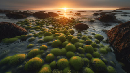 Beautiful seascape with green algae on the rocks at sunsetの素材