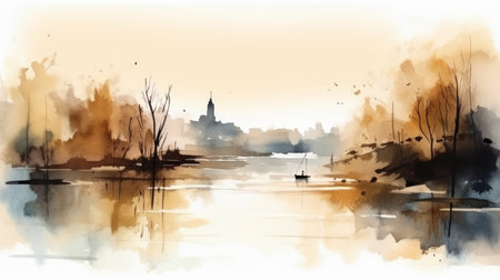 Abstract watercolor painting of a cityscape with a boat in the lake.の素材