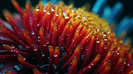 Close up of a red chrysanthemum with water dropsの素材