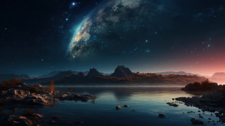 Fantasy alien planet. Mountain and lake. 3D illustration.の素材