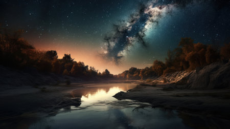 Fantasy landscape with a river and a milky way at nightの素材
