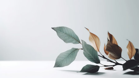 Beautiful autumn leaves on a white background with copy space. Minimal style.の素材