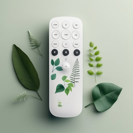Remote control with green leaves on a green background. Vector illustration.の素材