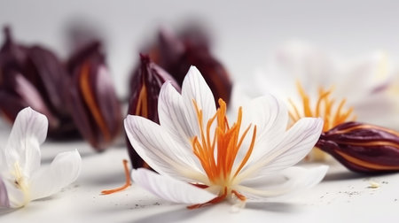 Beautiful saffron crocus flowers on a white background.の素材