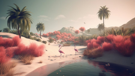 Flamingo in the desert with palm trees. 3d renderの素材